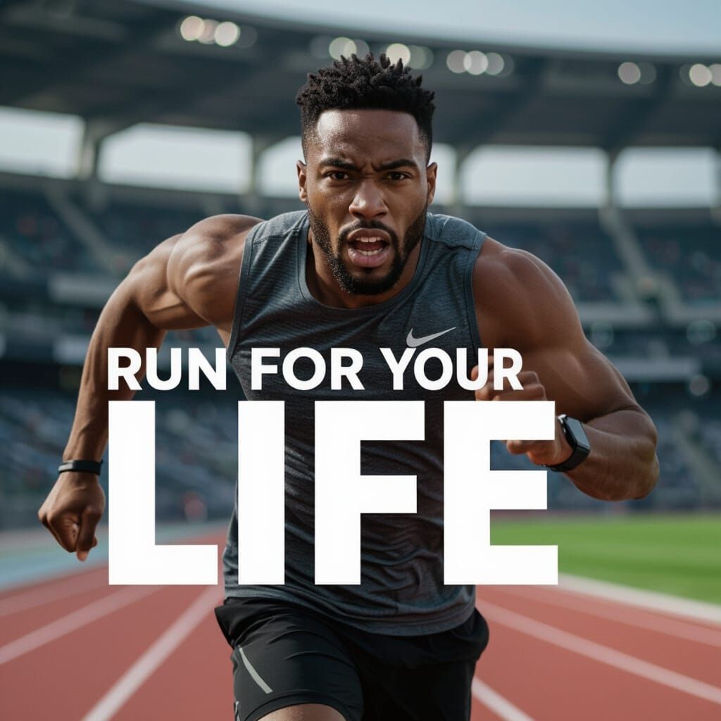 Words “Run for your LIFE” on sports poster man running  by @Art4Everyone
