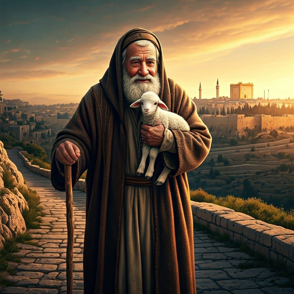 Ancient Jerusalem Elder with a Lamb, Radiant Wisdom and Warm...
