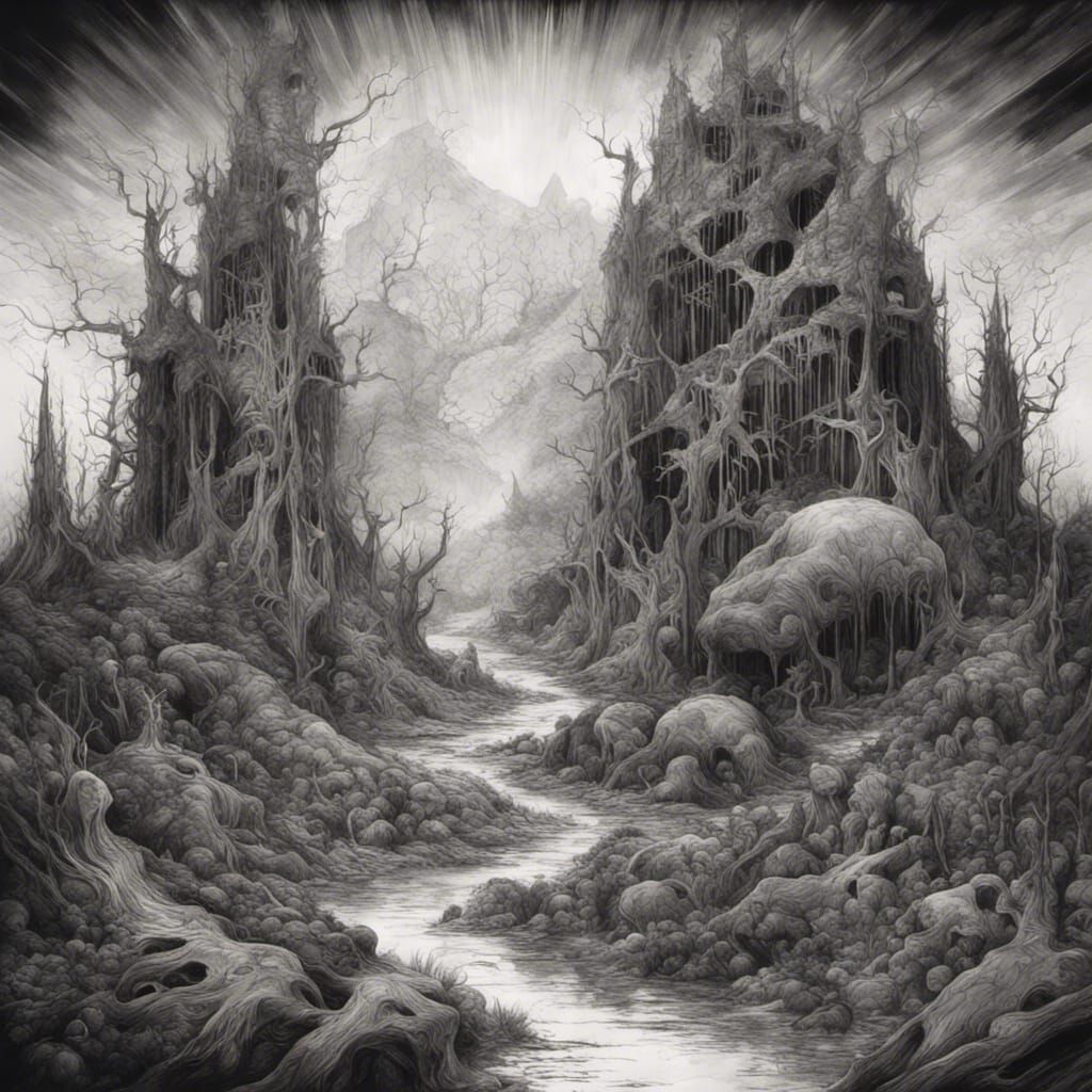 a hauntingly beautiful charcoal drawing landscape with fantastical ...