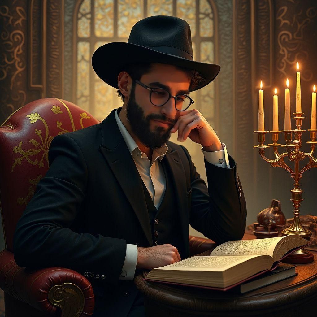 Young Hasidic Man in Traditional Dress: Detailed Matte Paint...