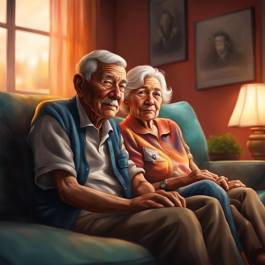 an elderly couple sitting on the sofa