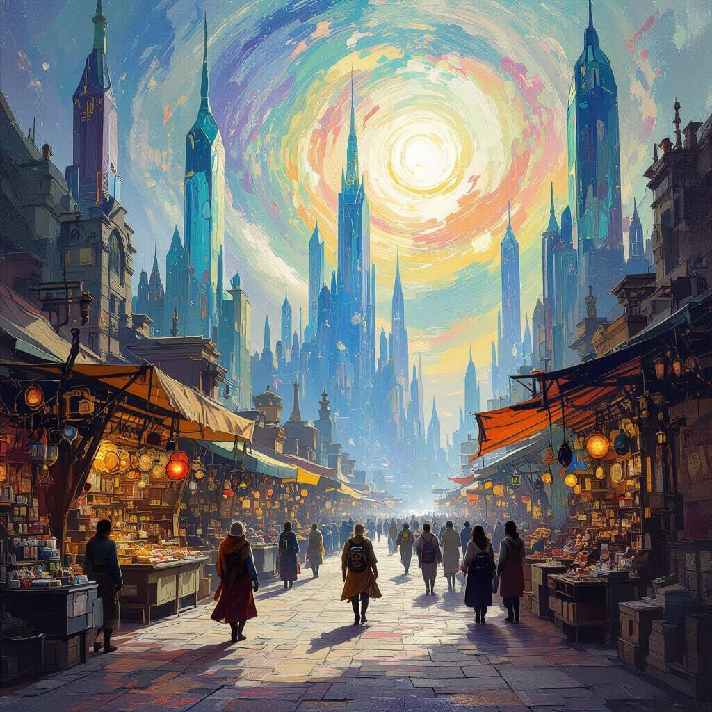 A bustling marketplace on a distant, gas-giant-orbiting moon, filled with exotic alien vendors and strange wares. Towering, crystalline stru...