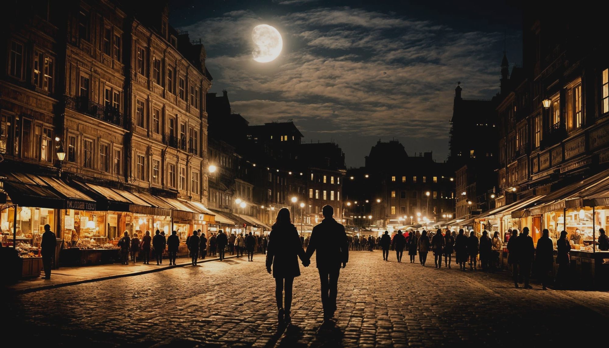 Evening in the city and the moon is full.