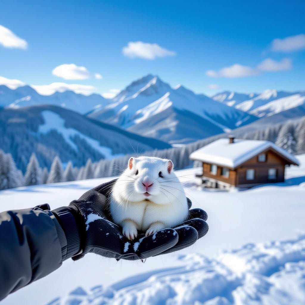 Furry Hamster Held in Snowy Hand