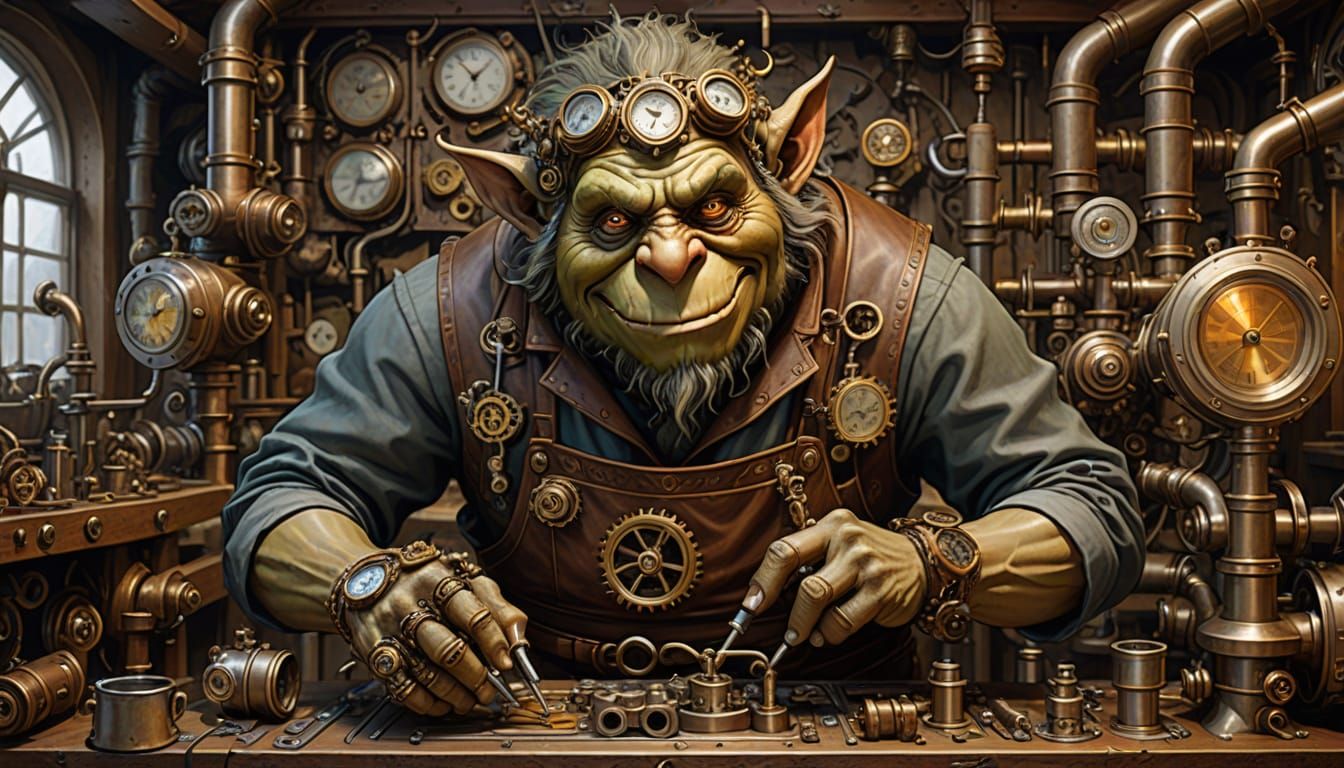 a steampunk troll tinkering with clockwork gears in a Victorian workshop. The troll wears goggles and ...  by @Solfreedom