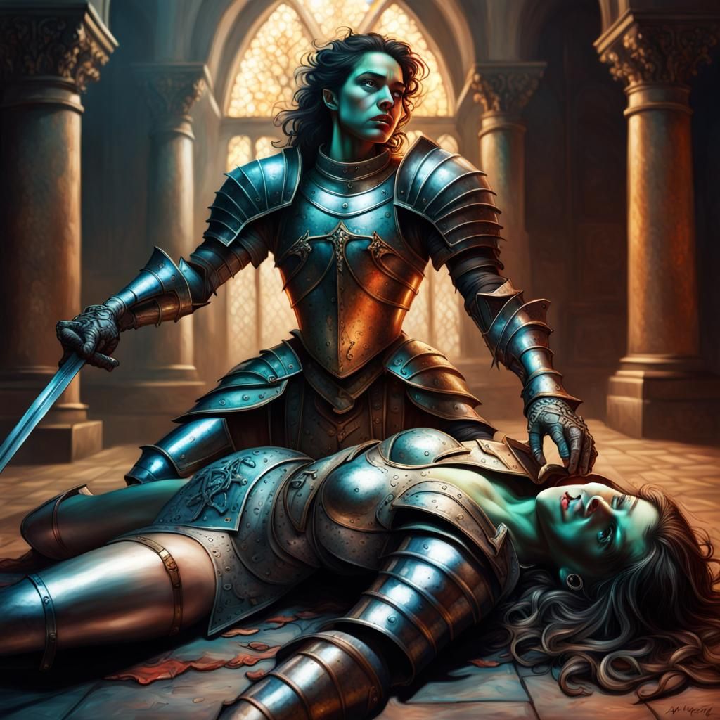 beautiful wicked gorgon standing on the dead body of a knigh...