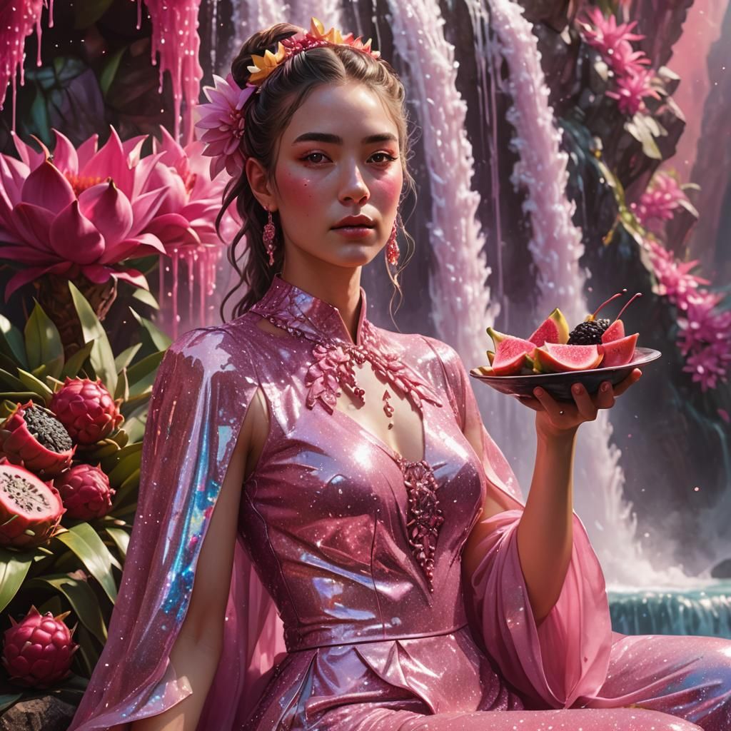 woman in high fashion pink glitter dress eating a pitaya nex...