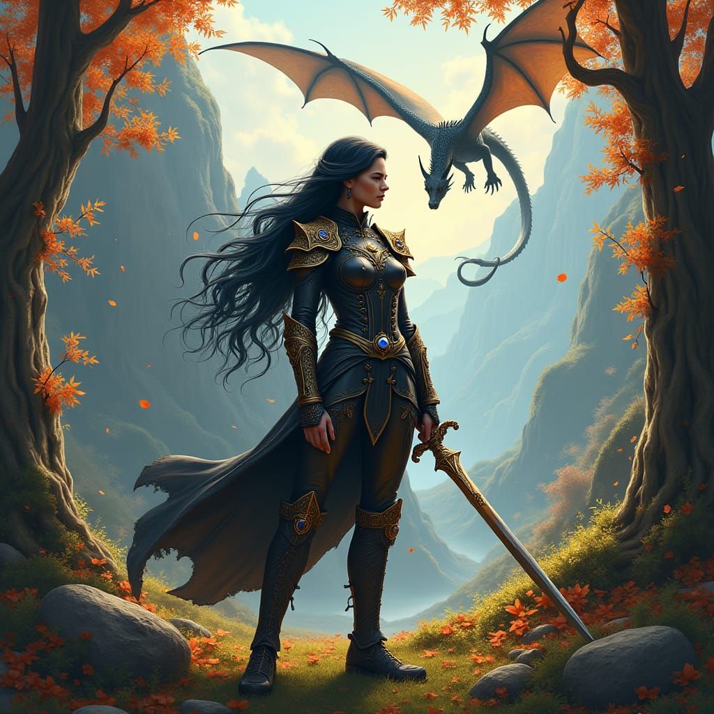 a warrior girl in leather suit. black flowy hair. sword in h...