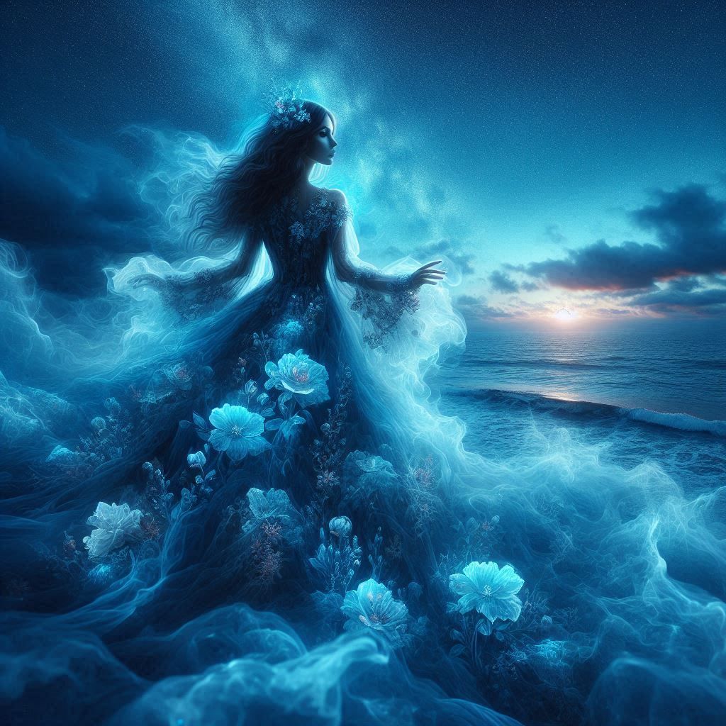Blue ghost lady floating over the ocean.