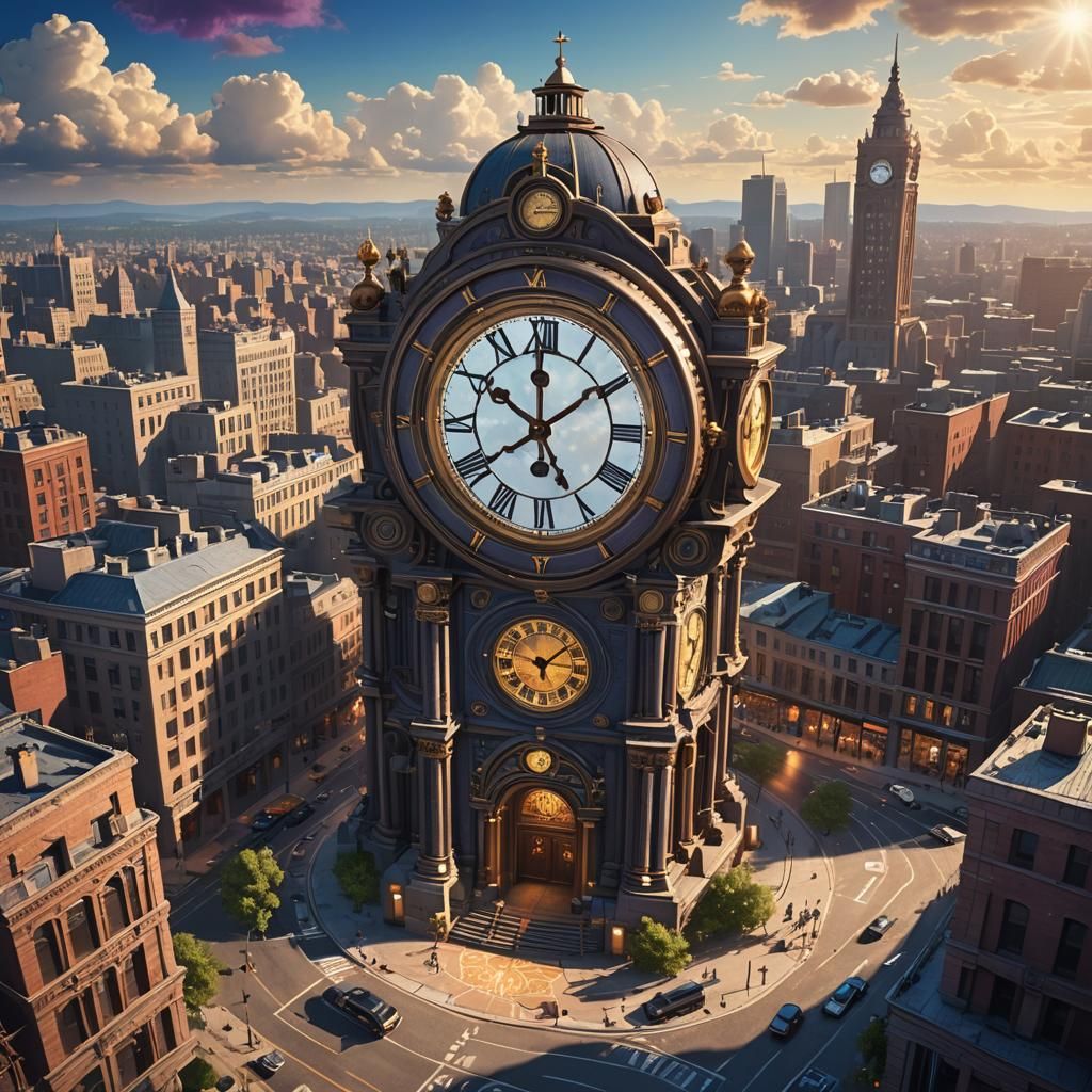 Cityscape with Giant Clock Tower at Sunrise