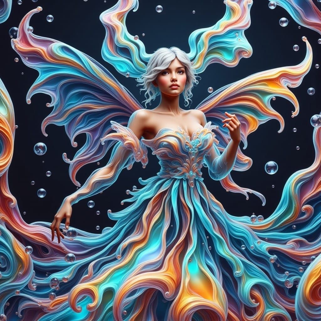 <lora:Magical Water Flux:1.0> full body view, a stunningly beautiful and whimsical iridescent neon fairy with shiny iridescent neon wings, p...