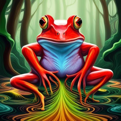 colourful frog on a drug trip, drug addicted frog, big pupil, frog ...