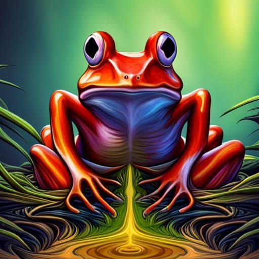 colourful frog on a drug trip, drug addicted frog, big pupil...