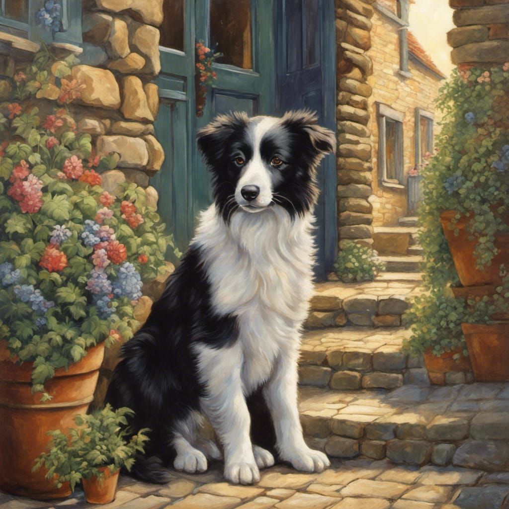 Border Collie sat outside a doorway in an Old English Villag...
