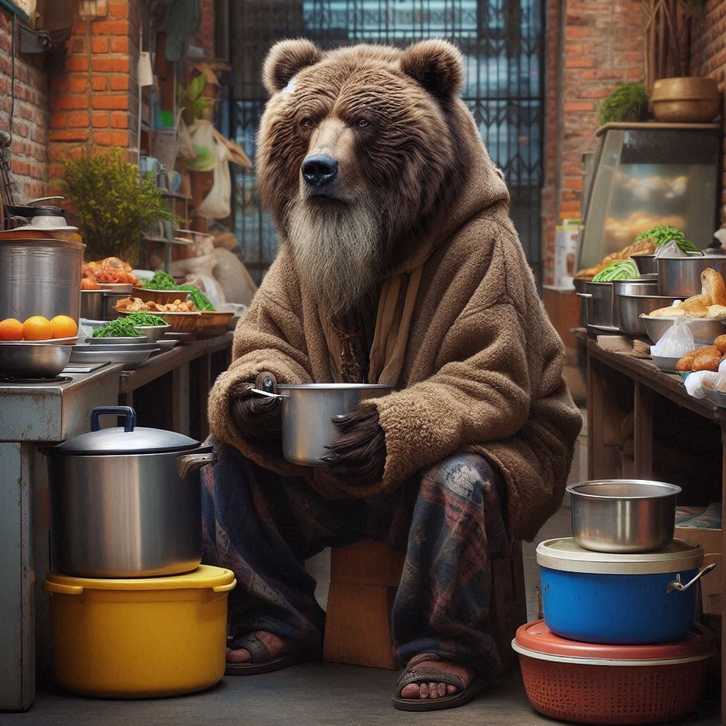 Homeless Mountain Bear In Soup Kitchen