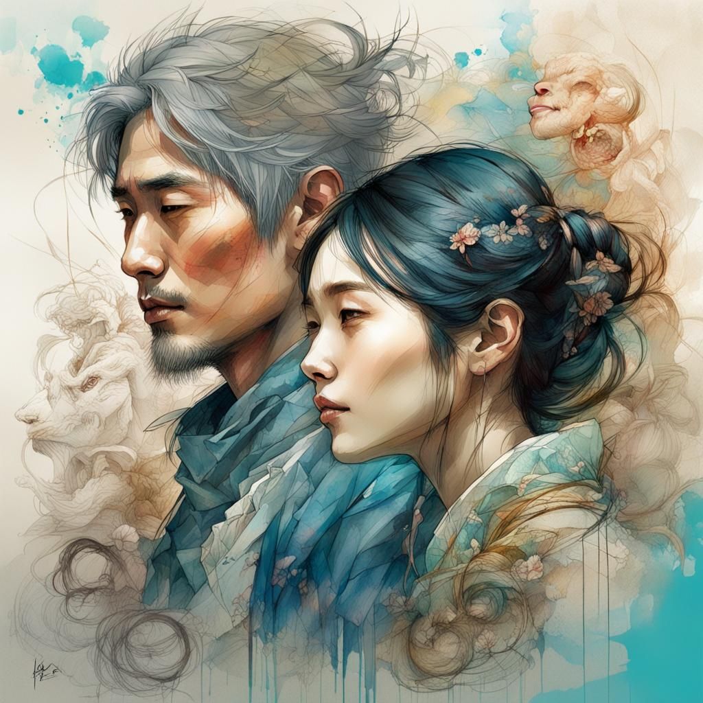 Stunning fine color sketch, Portrait of a beautiful Two Asia...