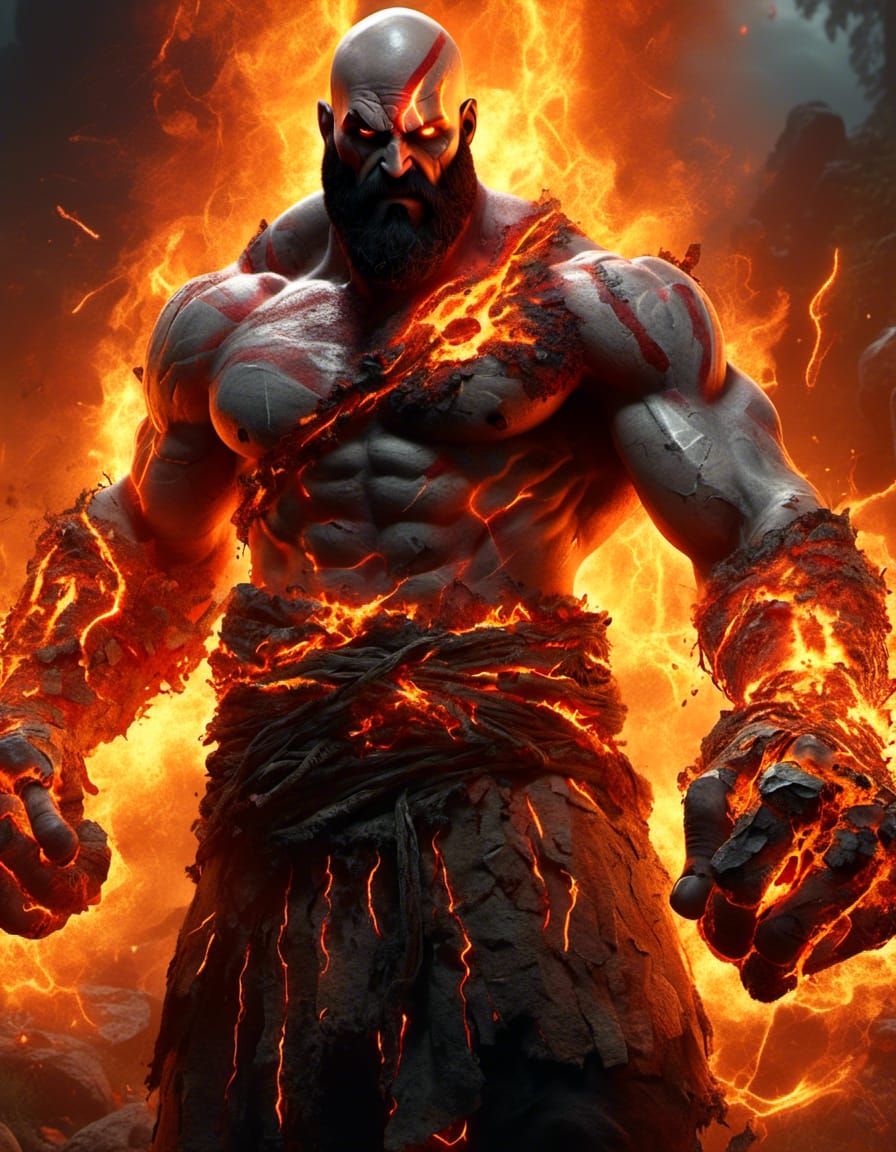 <lora:Magmafication:0.7> <lora:FreeRain:1.0> PS5 Game Character Concept art for [Kratos]. Close up, glowing fists