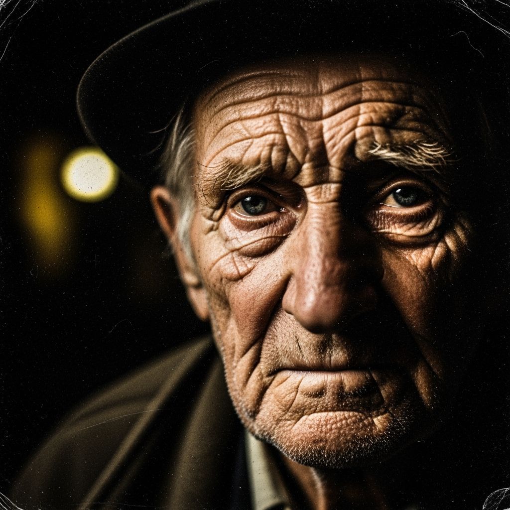 Ein altes Foto aus einer düsteren deutschen Dorfkneipe in den 1980ern.

Das Foto zeigt in Großaufnahme das faltige und furchige Gesicht eine...