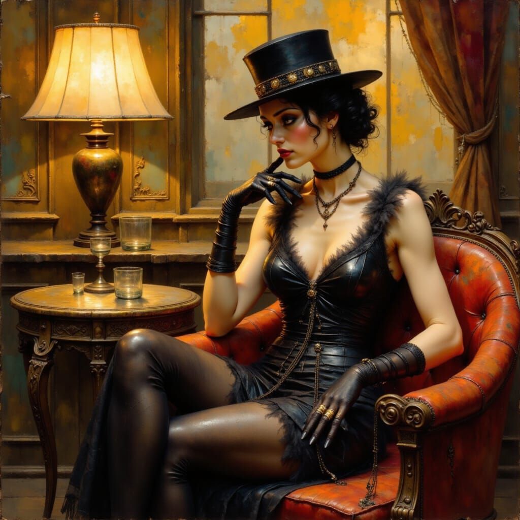 Parlour with 1920s flapper in black and gold, Art Deco style <lora:Earth and edge:1.0>