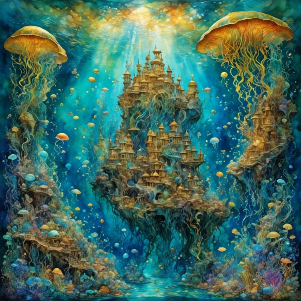 Show a ocean scene <lora:Jellyfish Bloom:1.0> with a sunken ...