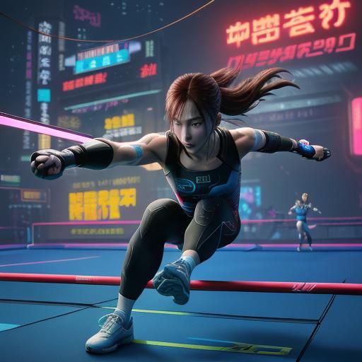 Cyberpunk Parallel Bars Exercise in Neon City