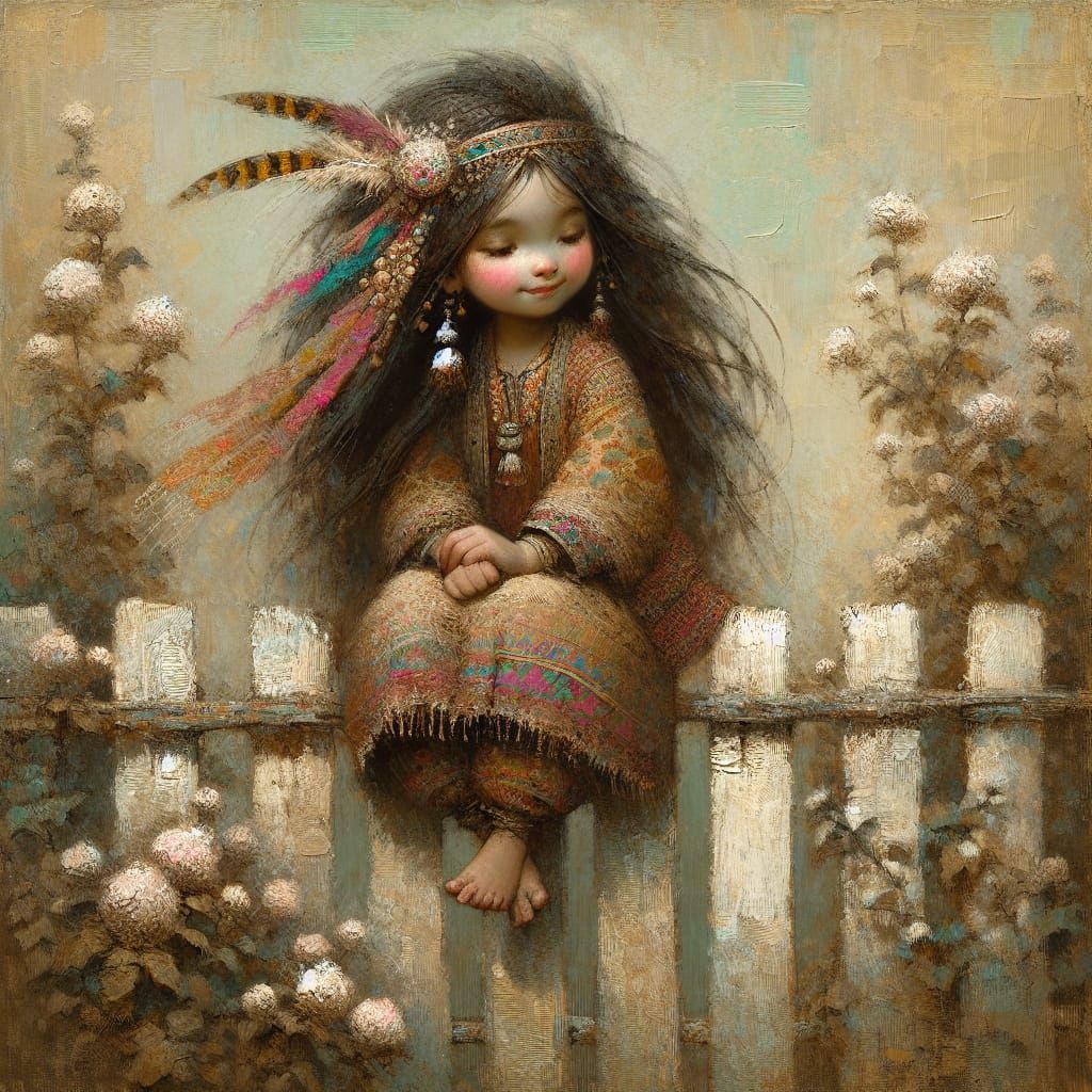 Oil painting, whimsical scruffy little indian girl with long hear wirh feathers, indian outfit, sitting ...  by @Denise