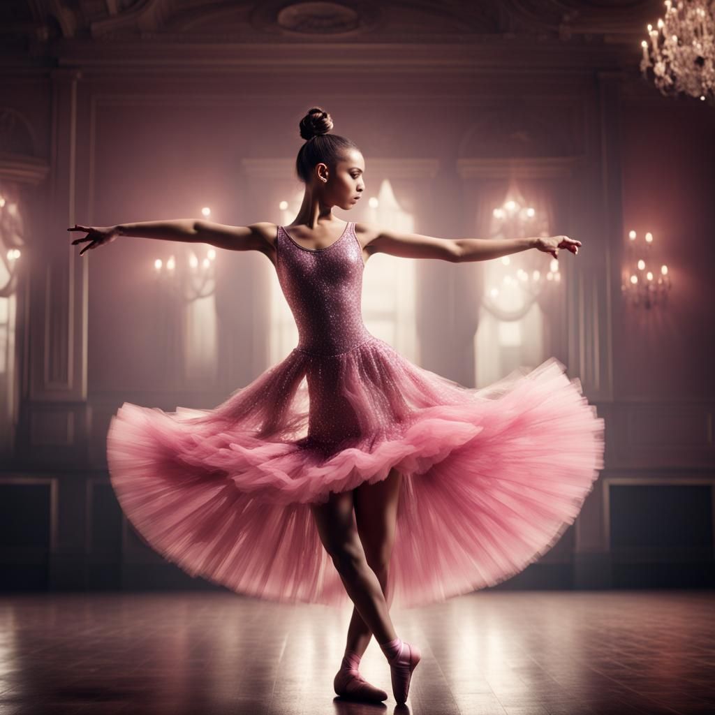 Girl with a ponytail and a pink, sparkly dress, dancing ball...