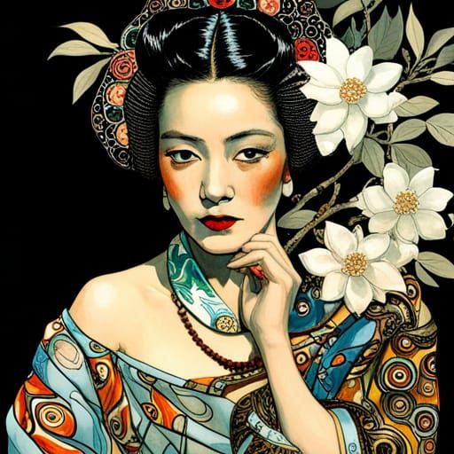 Geisha with gardenia with Black and white irridescent drawing of J. C ...