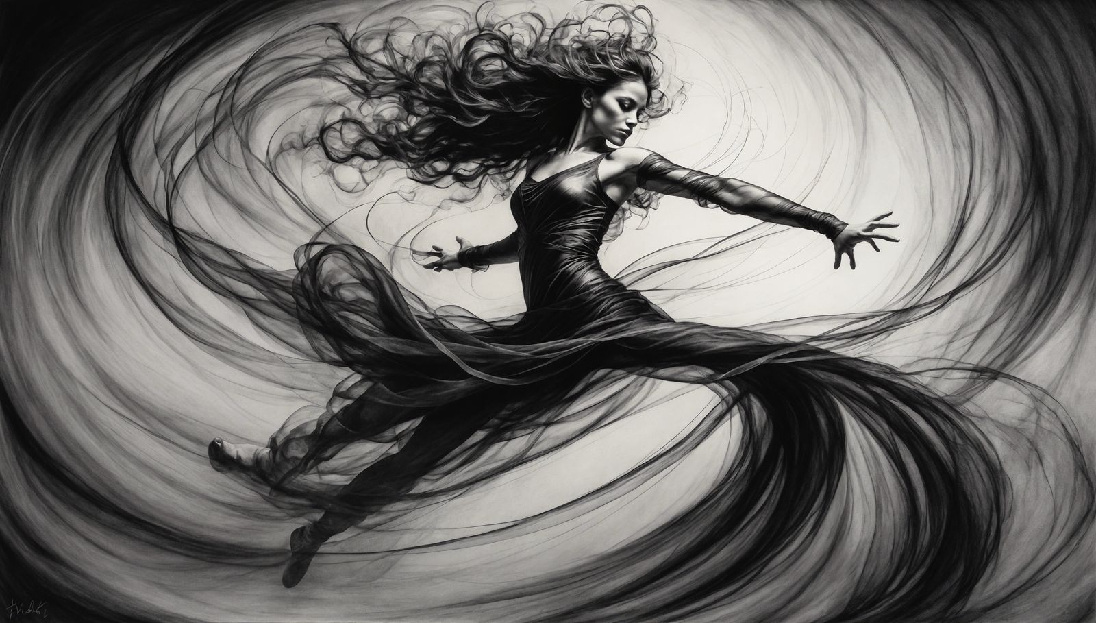hyperdetailed charcoal drawing with contrast, A continuous line drawing of a dancer in motion, capturing the fluidity an...