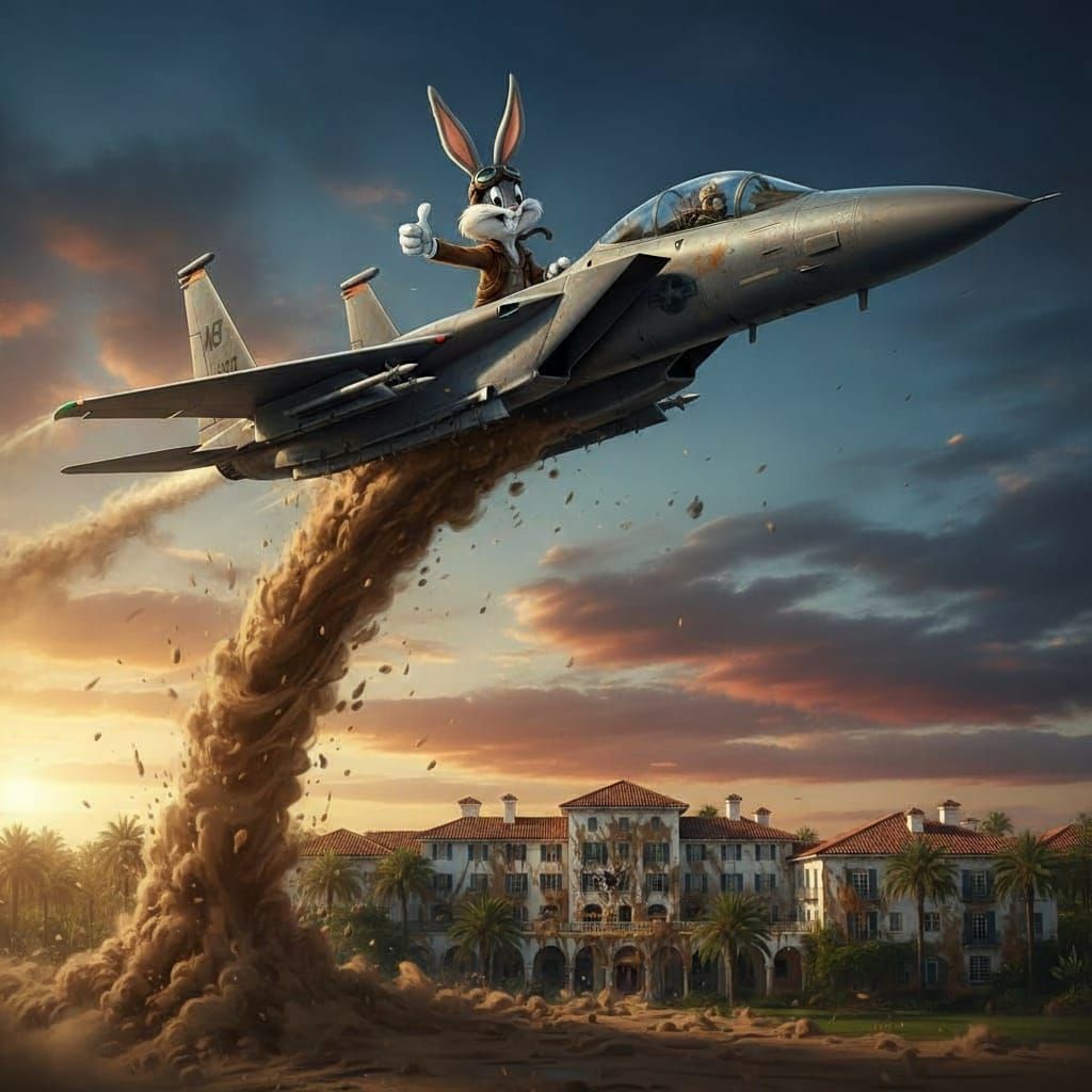An F-15 fighter jet piloted by Buggs Bunny flies over Mar A Lago and discharges brown sludge on the building.