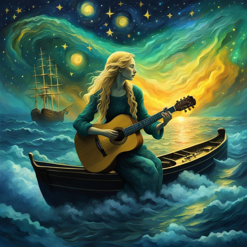 Girl Plays Guitar on Titanic: Van Gogh Style