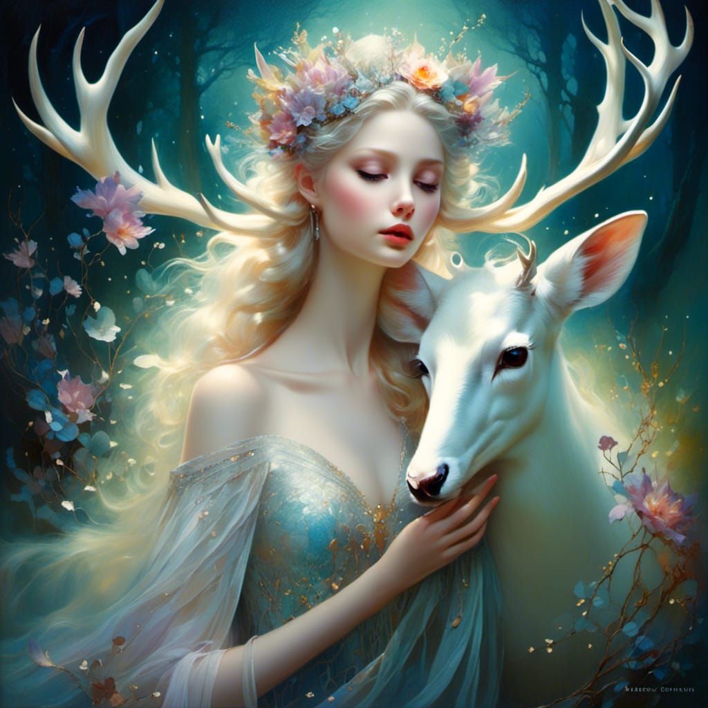 <lora:Fairy Portrait:1.0> ""Queen Fairy with white deer, 