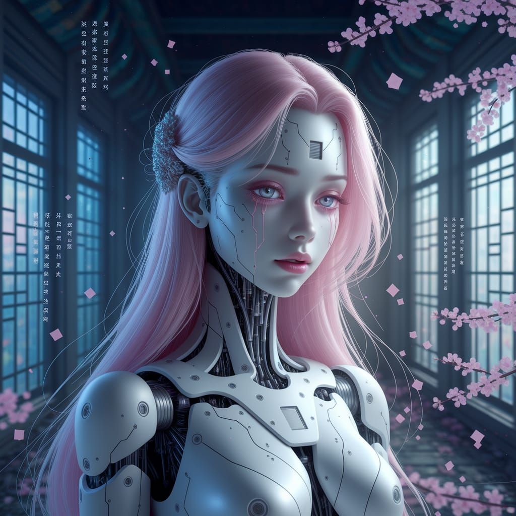 Sorrowful Cybernetic Android in Decaying Digital Temple