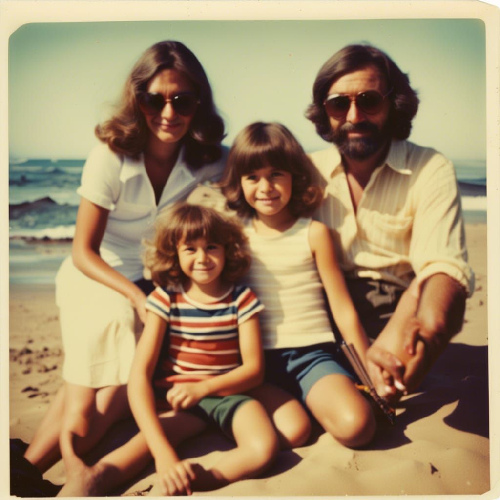polaroid photo of family on the beach from the 1070s chile  by @AliMar