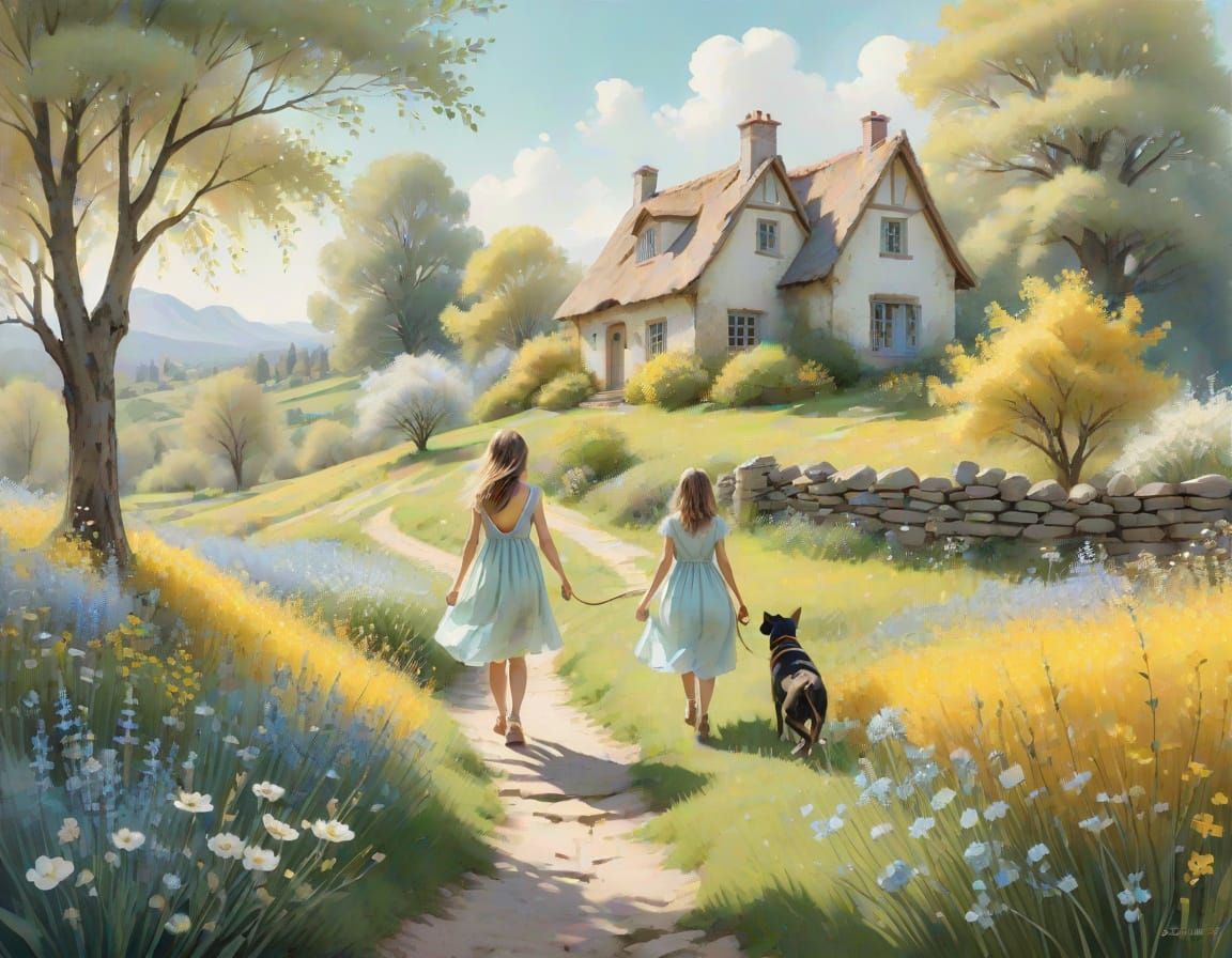 Dreamy Watercolor Poster Art of a Girl and Her Dog in a Spri...