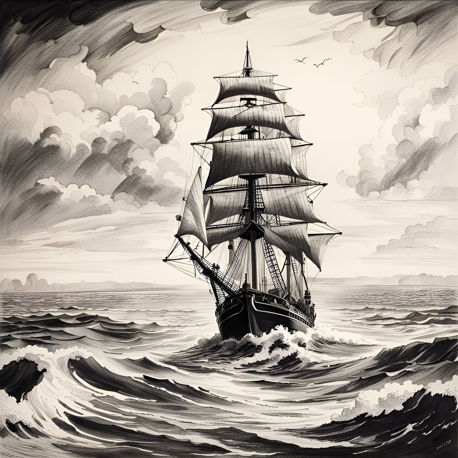Black and white ink drawing of a large sailing ship in the sea.  by @TacomaRed