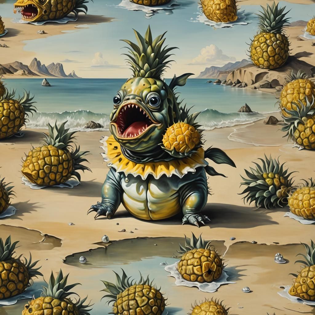 cute baby piranha, eating pineapple on the seashore