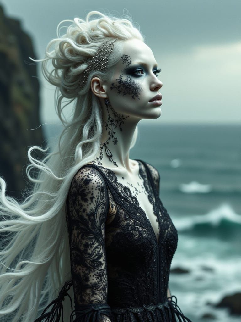Ethereal Albino Woman on Cliff's Edge in Dark, Cyberpunk Sty...