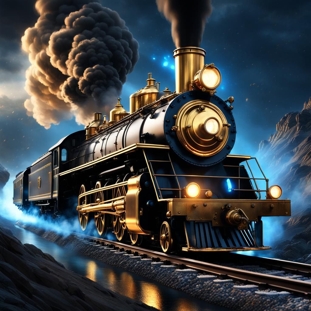 A black void with specs of tiny silver, blue specks of light and in the center a powerful super golden locomotive steam ...