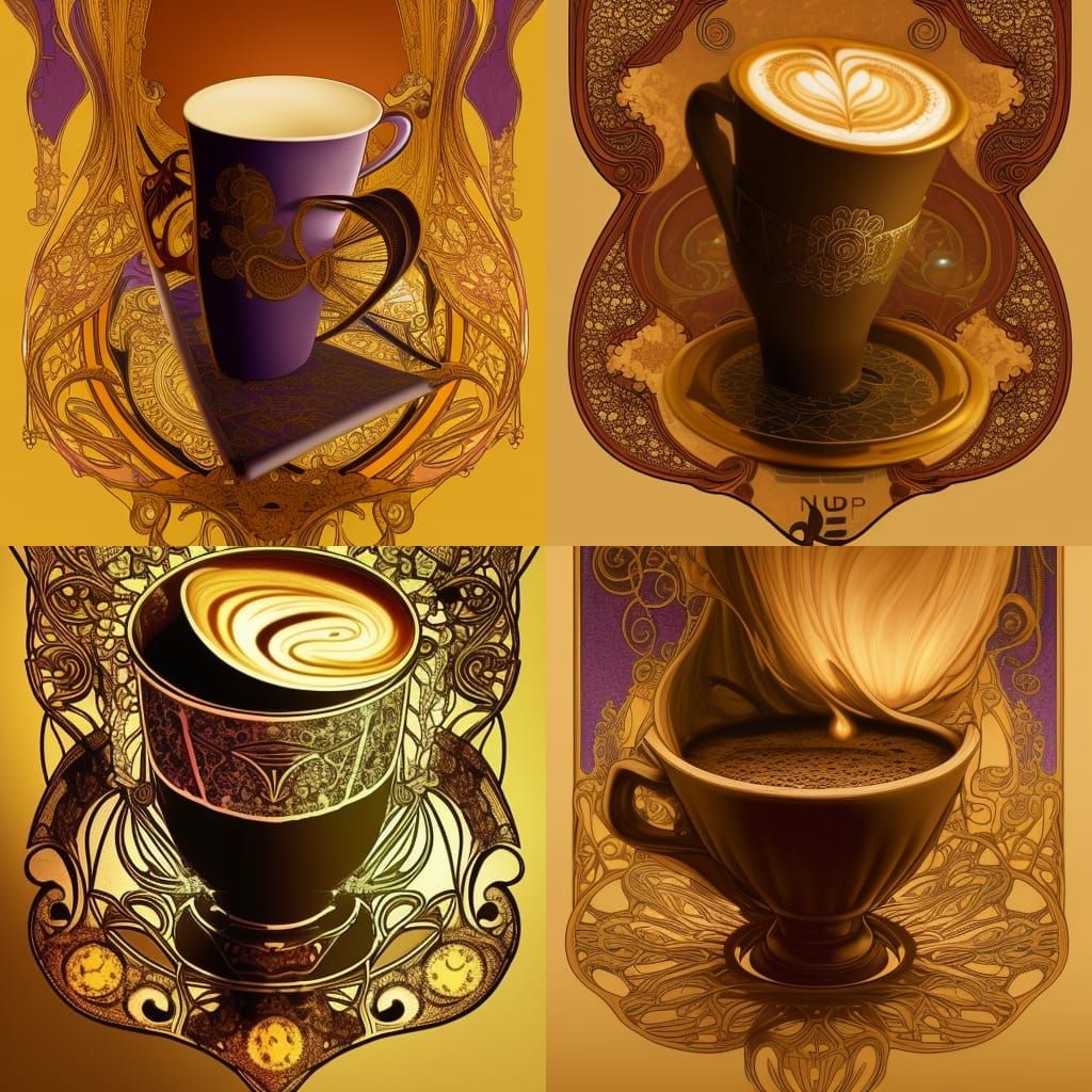 cup of night coffee, art nouveau, lace detailed matte painti...