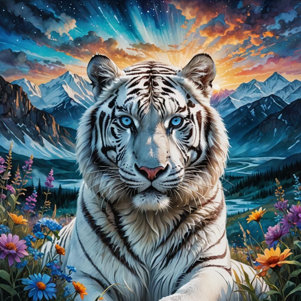 White Siberian Tiger with sparking blue eyes in wildflowers.