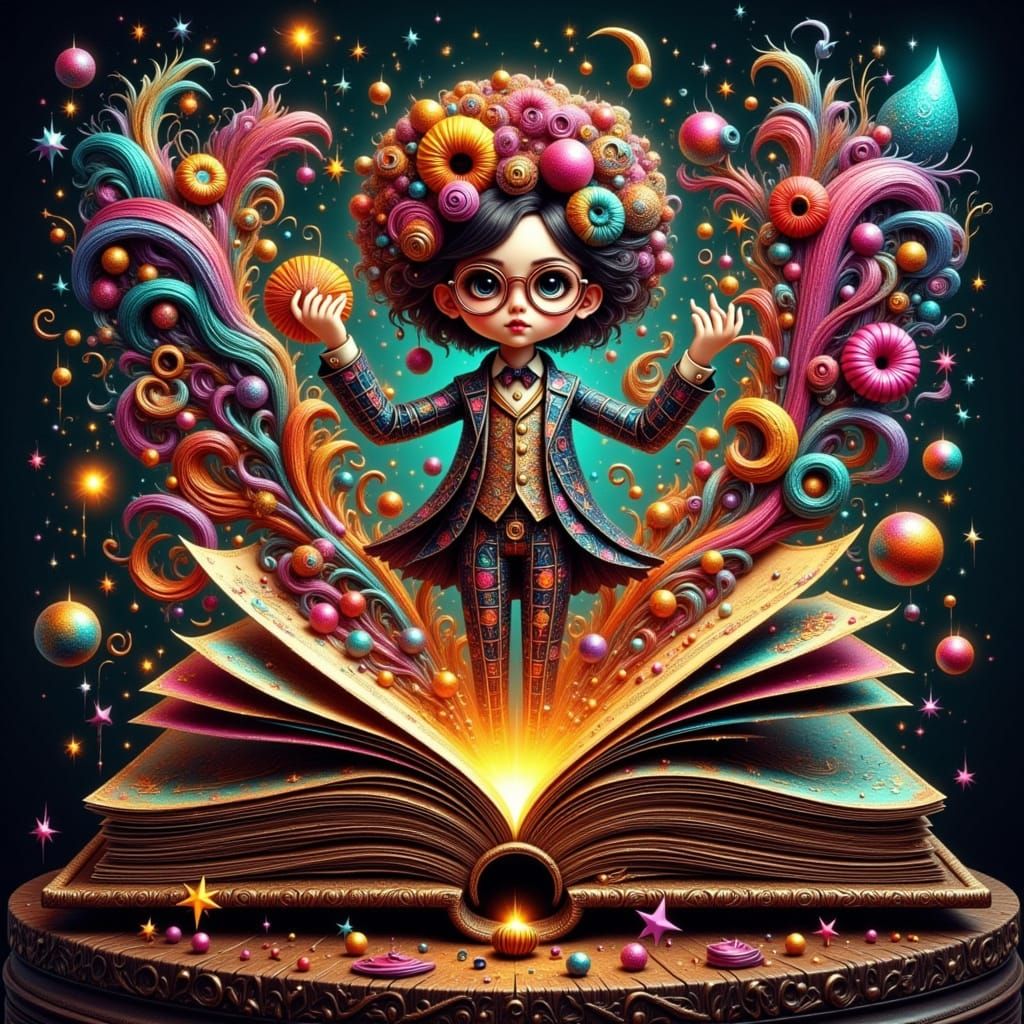 Vibrant Fashion Designer Amidst Whimsical Chaos in a Golden-...