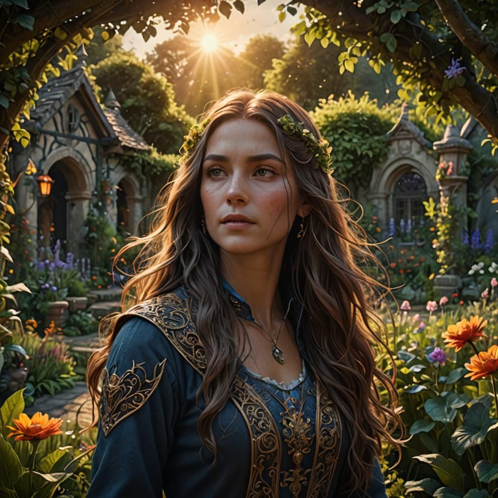 A woman with long hair in the garden during sun rise 