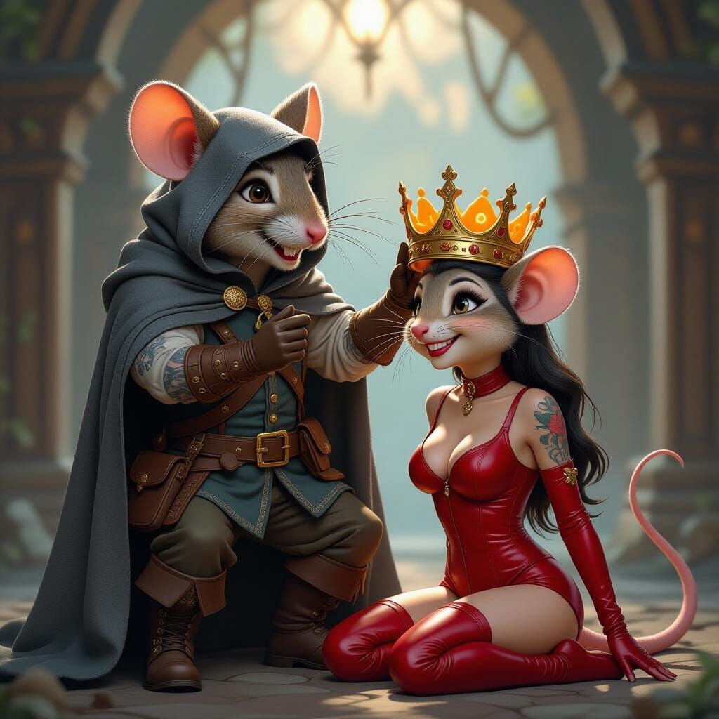 A highly detailed anthropomorphic mouse in worn adventurer’s clothing, with a gray cloak draped over his head and shoulders, rugged boots, a...