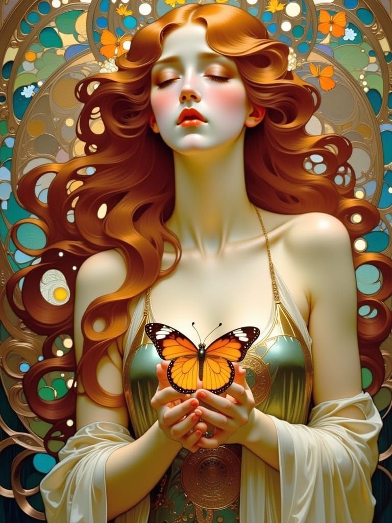 <lora:Art Nouveau Flux:1.0> beautiful coppery haired girl holds butterfly by Pascal Blanche and Frank Frazetta and Mucha