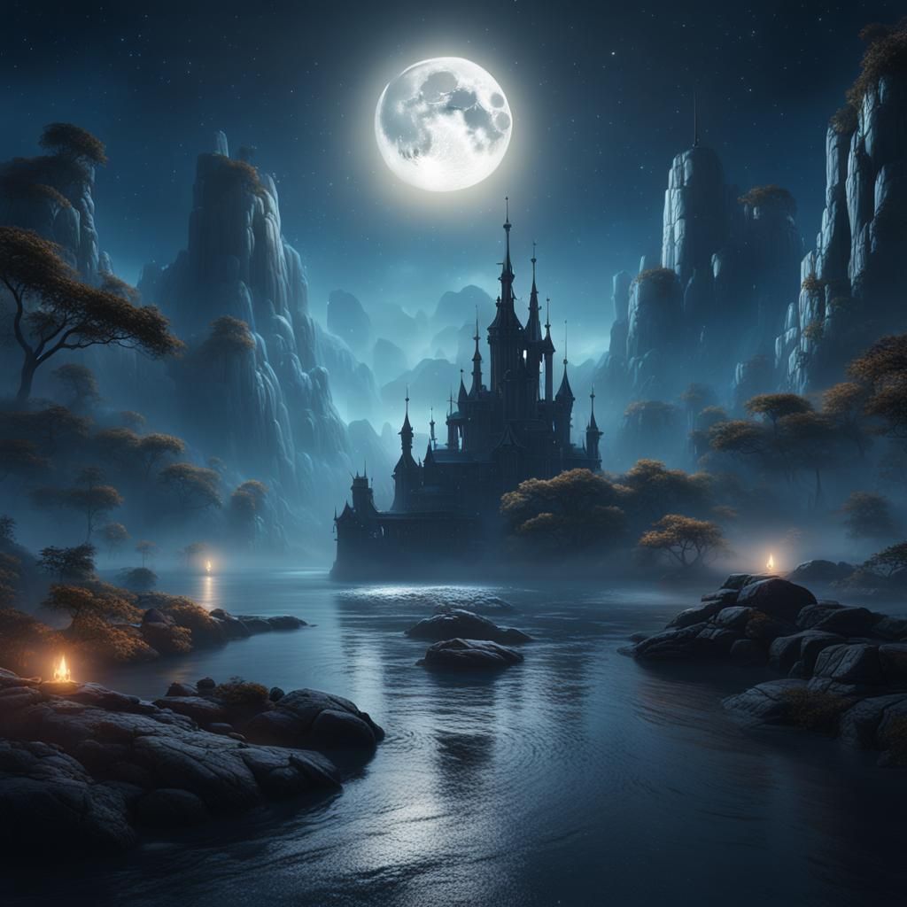 Moon (black) rising, stars, mist, water