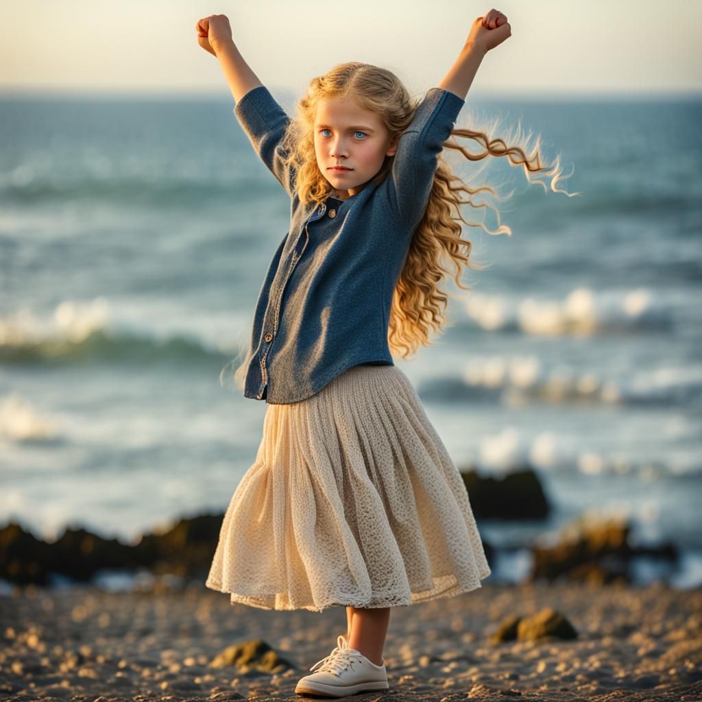 Blonde Orthodox Jewish Girl Poses on Beach with Soft Focus