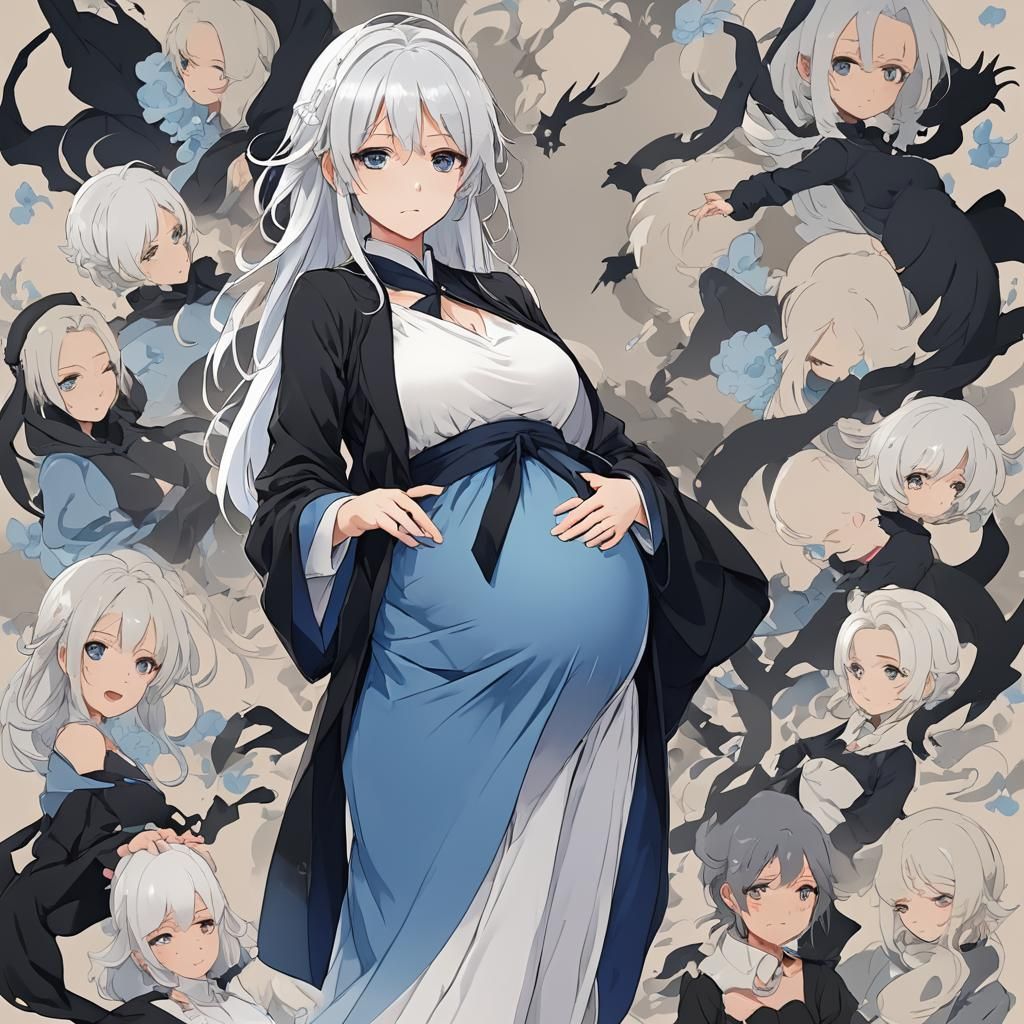 pregnant anime  women with white hair and black and blue clo...