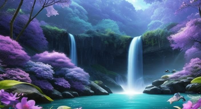 An opened HD book with pictures of dolphins with waterfall a...