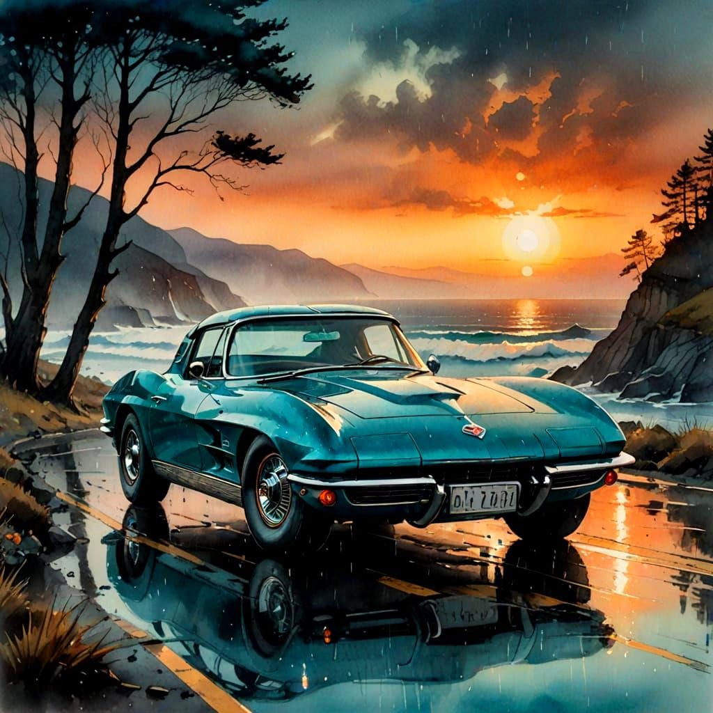 Watercolor with alcohol inks.A vintage Chevrolet Corvette, p...